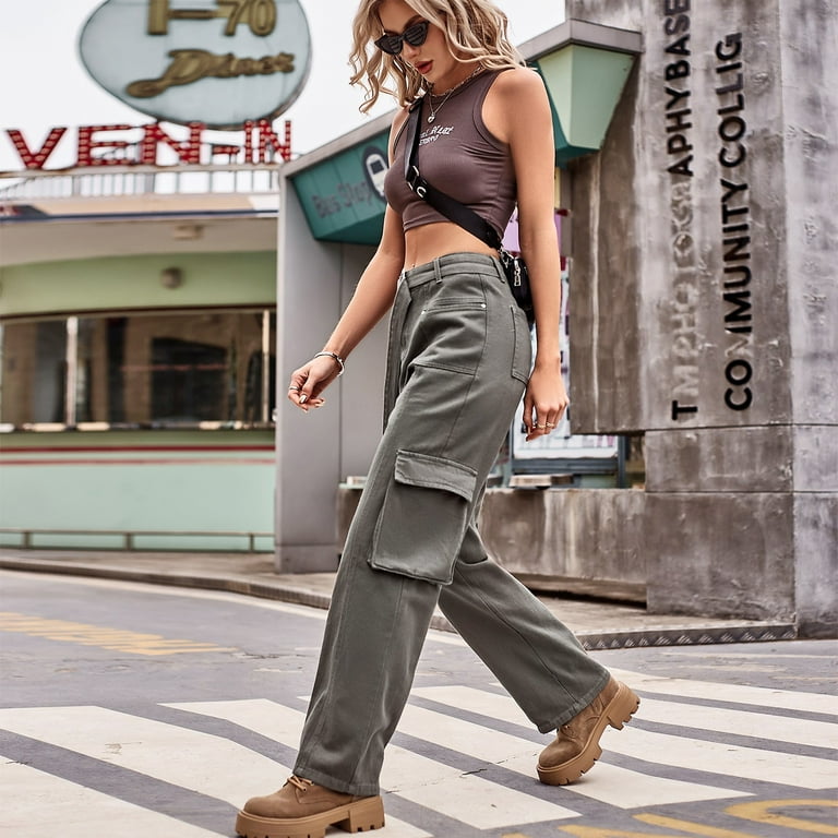 HIMIWAY Cargo Pants Women Palazzo Pants for Women Women's Fashion Casual  Solid Color Washed Denim Multi-Pocket Hip-Hop Overalls Pants Gray B L 