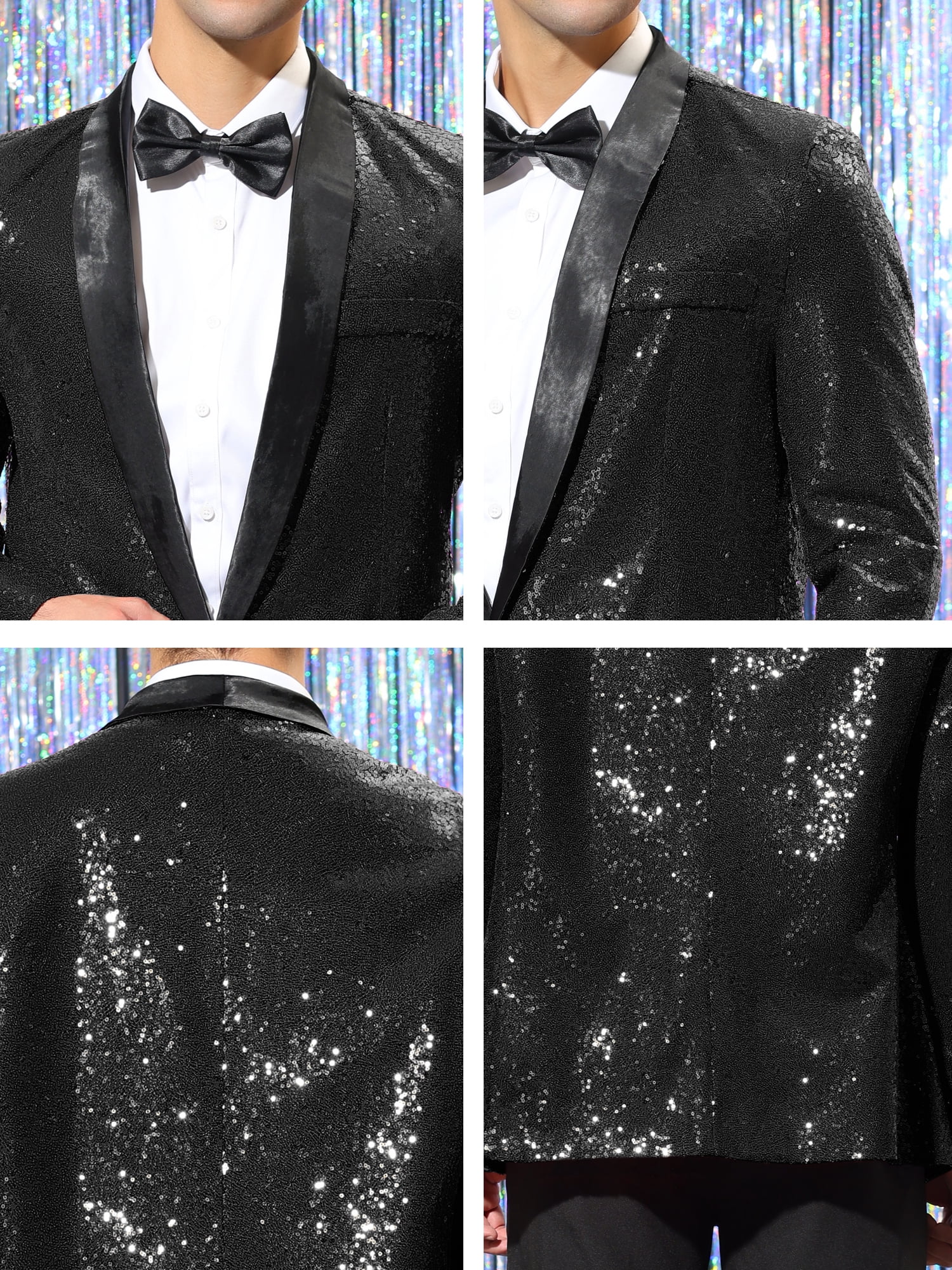 Unique Bargains Men's Sequin Sport Coats Shawl Lapel One Button Wedding Shiny Blazer XL Black