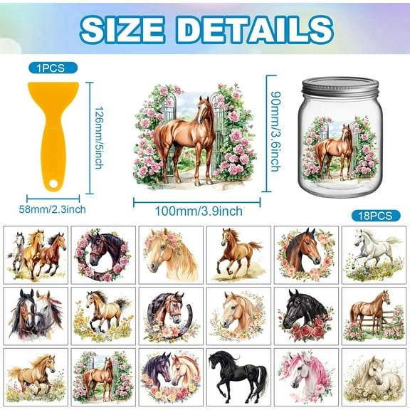 18 Sheets Horse Transfer Stickers 3.9x3.6inch Horse and Flowers Colorful Transfer Decal Rub on Transfer for Furniture Vase Glass Art Crafts Decorations