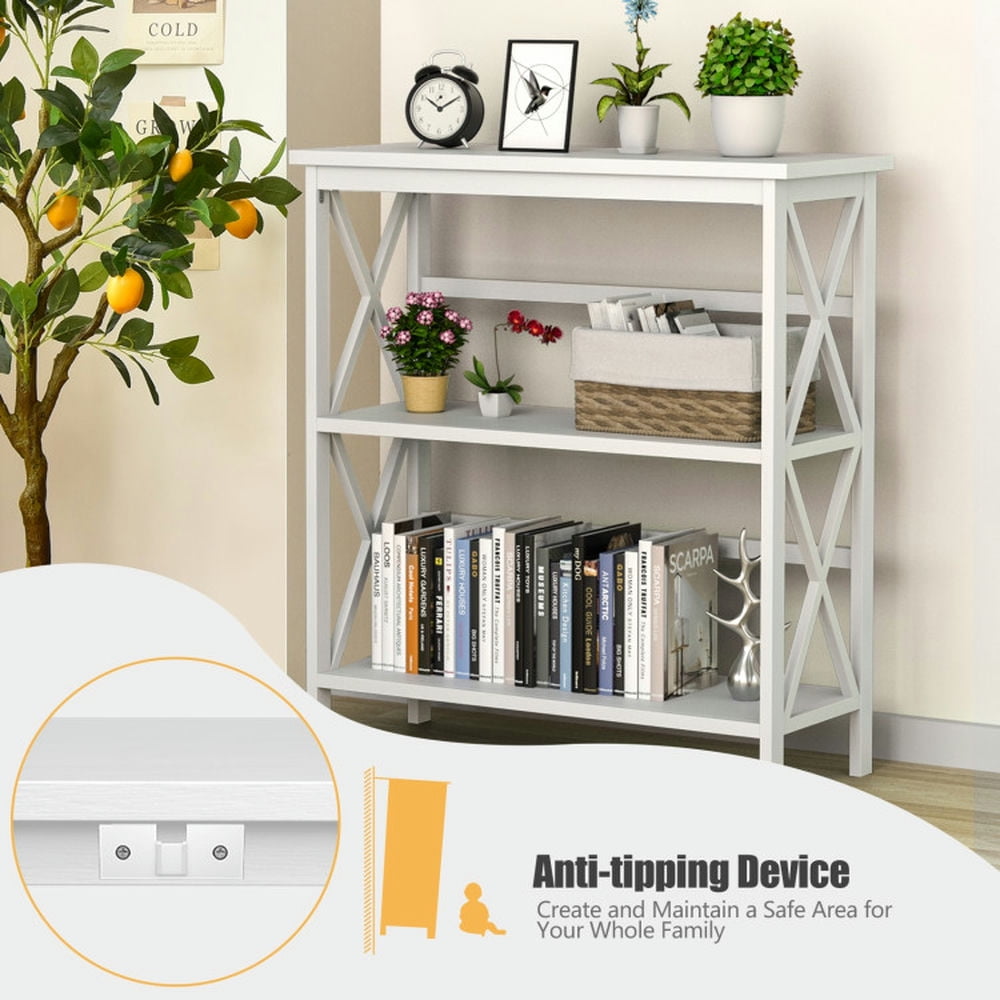 Demi Bonn 3-Tier Wooden Bookshelf, Multi-Functional X-Design Etagere Storage Bookcase, White