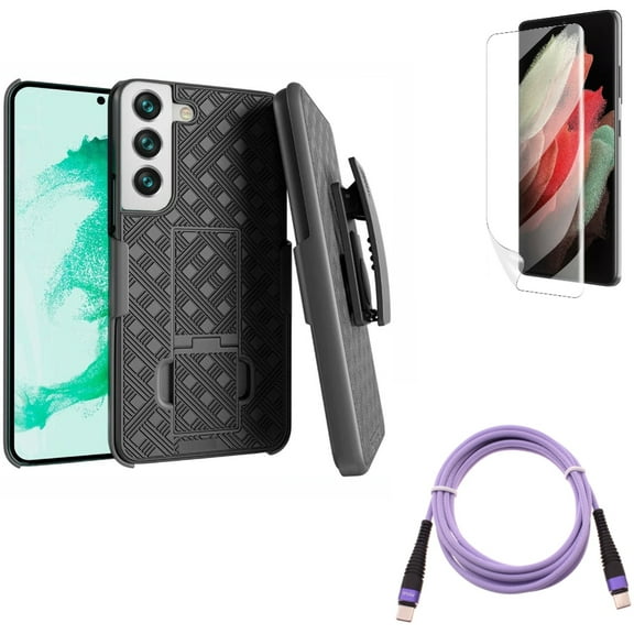 Case Belt Clip & Matte Screen Protector & Purple 6ft PD Cable for Samsung Galaxy S22 Plus (S22 ) - Combo Holster Swivel Cover & TPU Film Anti-Glare & Type-C to USB-C Long Charger Cord Power
