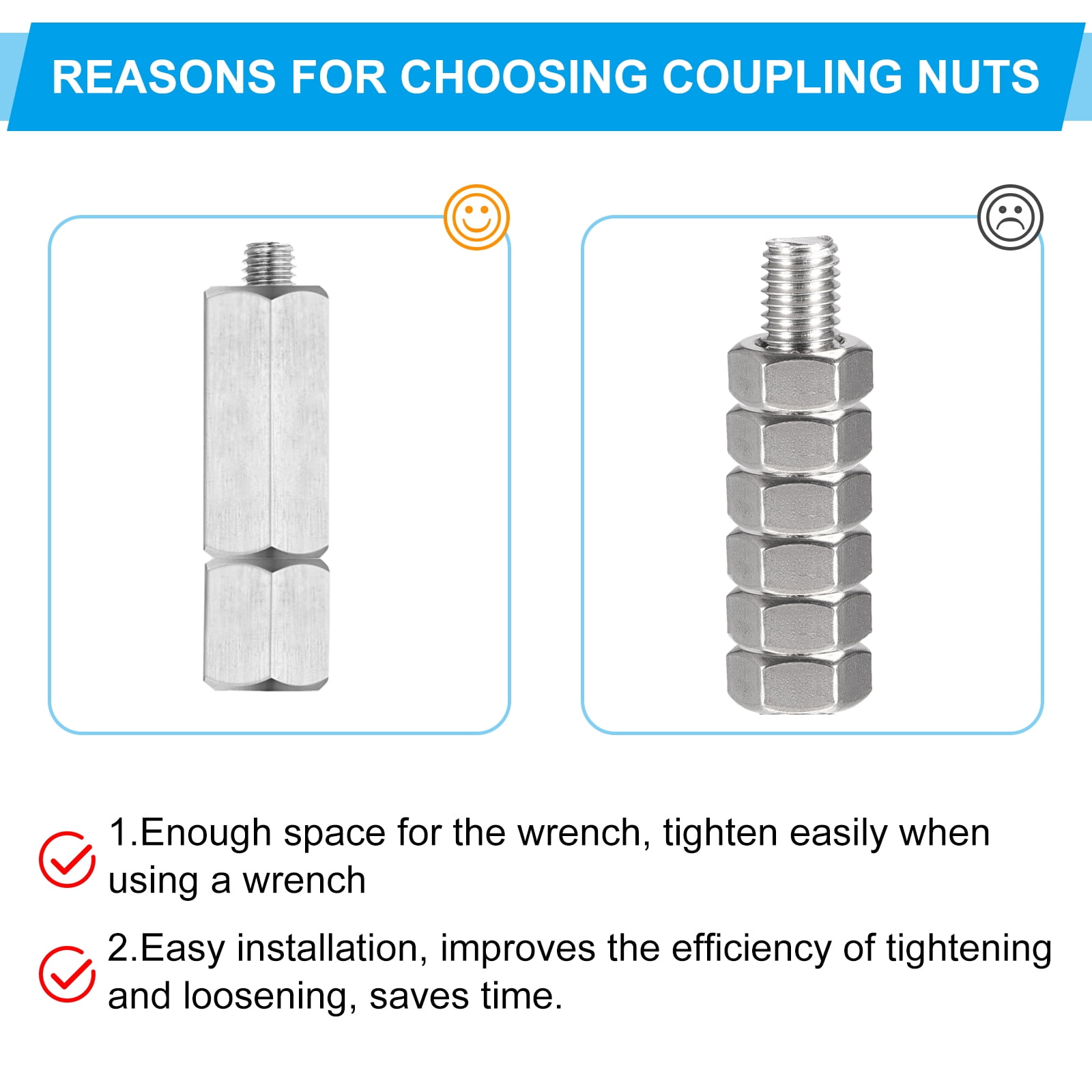 Uxcell 3/8"-16 UNC 304 Stainless Steel Hex Coupling Nuts, 10Pcs 1.4" Length Fully Threaded Rod Coupling Nut Studding Connector Fasteners, Silver Tone