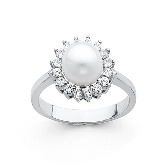 Wellingsale Ladies Solid 14k White Gold Polished 8mm Freshwater Cultured Pearl CZ Cubic Zirconia Halo Engagement Ring - Size 4