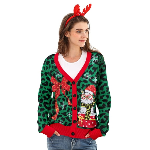 Lollipie Women Ugly Christmas Cardigan Sweater Long Sleeve Button Down Cozy V Neck Sweater Soft Knitwear