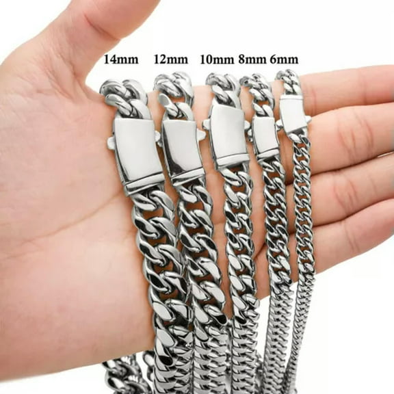 GKNET 6-14mm Stainless Steel Miami Cuban Link Chain Necklace Silver with Shiny Clasp-8.7 in Bracelet-10mm