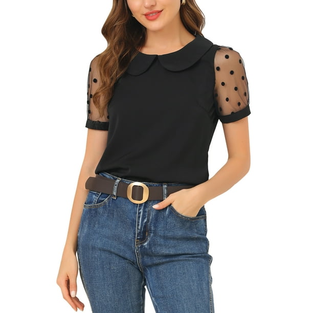 INSPIRAR CHIC Blusa de Mujer con Cuello Peter Pan de Malla con Mangas Cortas Abullonadas de Lunares Vintage XS Negra