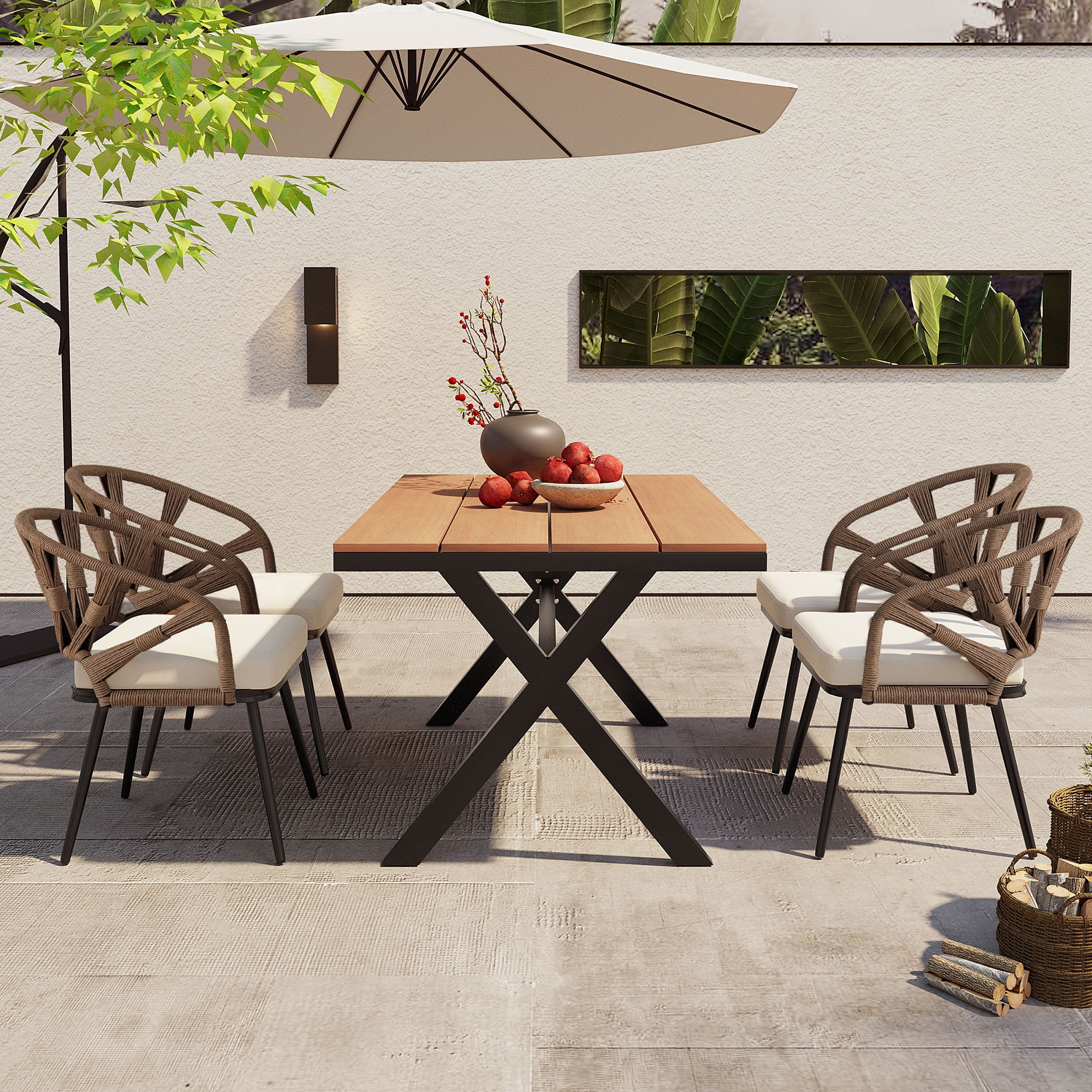 Harper & Bright Designs Outdoor Patio Dining Table Set with Plastic Wood Table, All-Weather Outdoor Furniture Dining Set with PE Rattan Chairs for 4, Brown