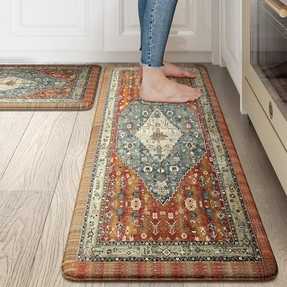 Boho Kitchen Mat 2PCS Cushioned Kitchen Mats for Floor, Anti-Fatigue Mat Waterproof Kitchen Rug Set of 2 Non-Skid Comfort Standing Mat for Kitchen, Office, Sink, Laundry, 17"x30" 17"x47"