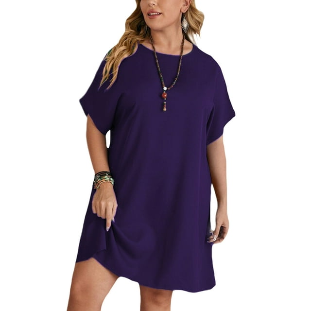 Innerwin Robes Courtes d'Été Couleur Unie Mini Robe pour Femmes Manches de Vacances Robe Surdimensionnée Violette L