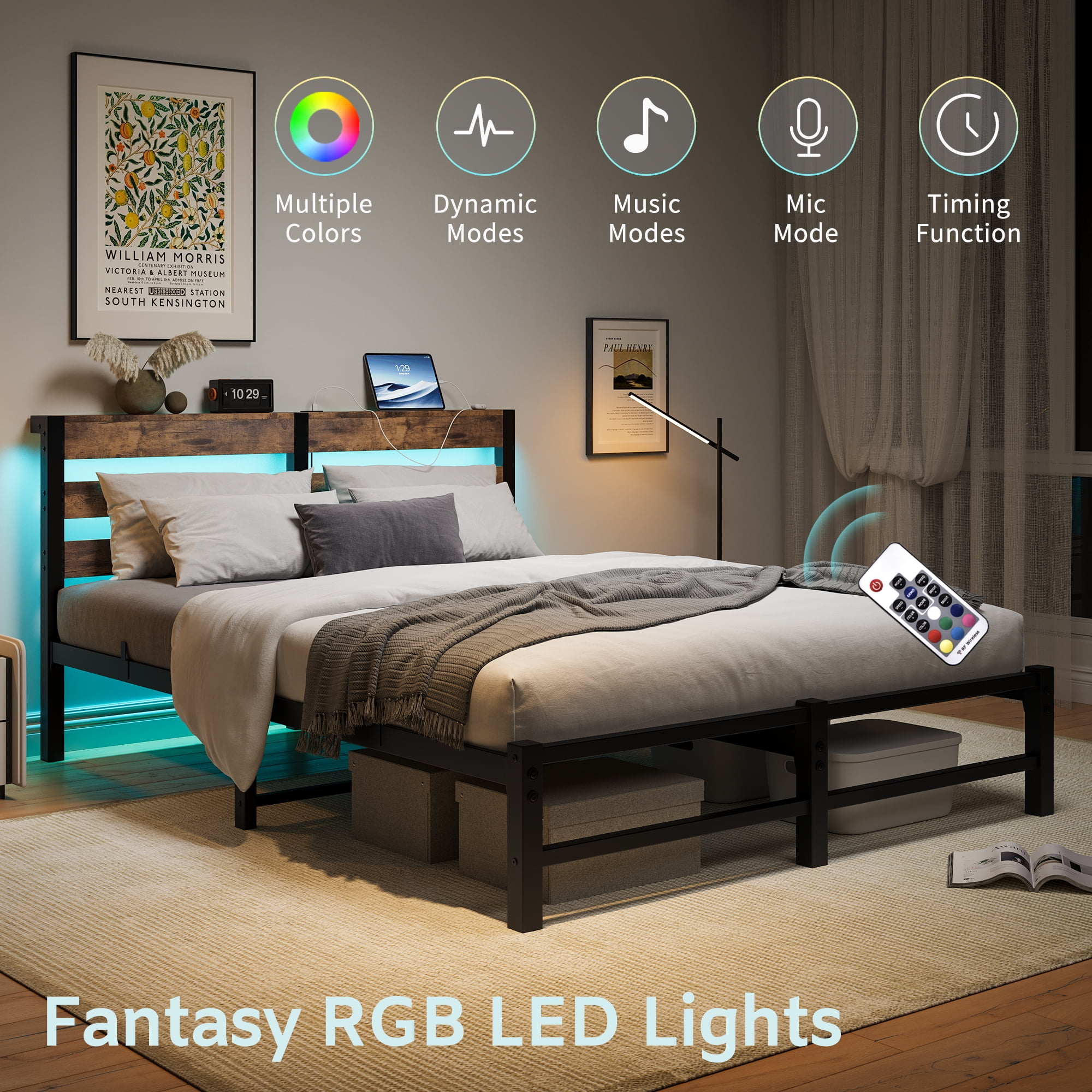 MAYEERTY Brown Queen Heavy Duty Bed: Headboard, USB Charging, LED Lighting, No Box Spring​