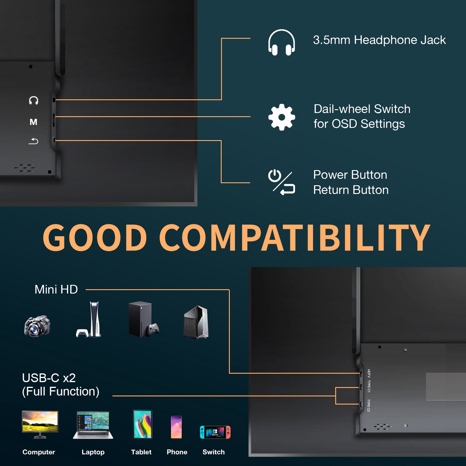 18.5-inch portable monitor, 1080P Full HD IPS gaming screen with 120Hz refresh rate and dual speakers, can be used as a secondary screen (cannot be used independently).