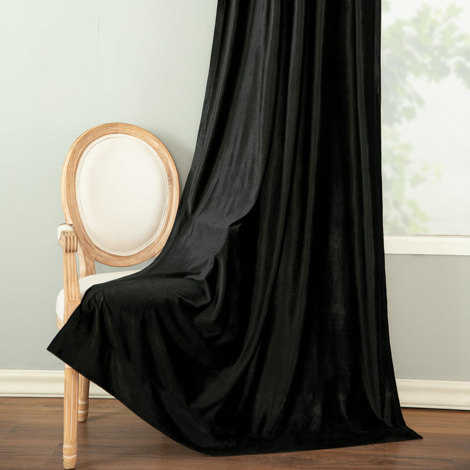 VOGOL Black Velvet Waterfall Valance & Curtains Set, Beaded Tassel Thermal Drapes 52x96 Inches for Bedroom & Living Room