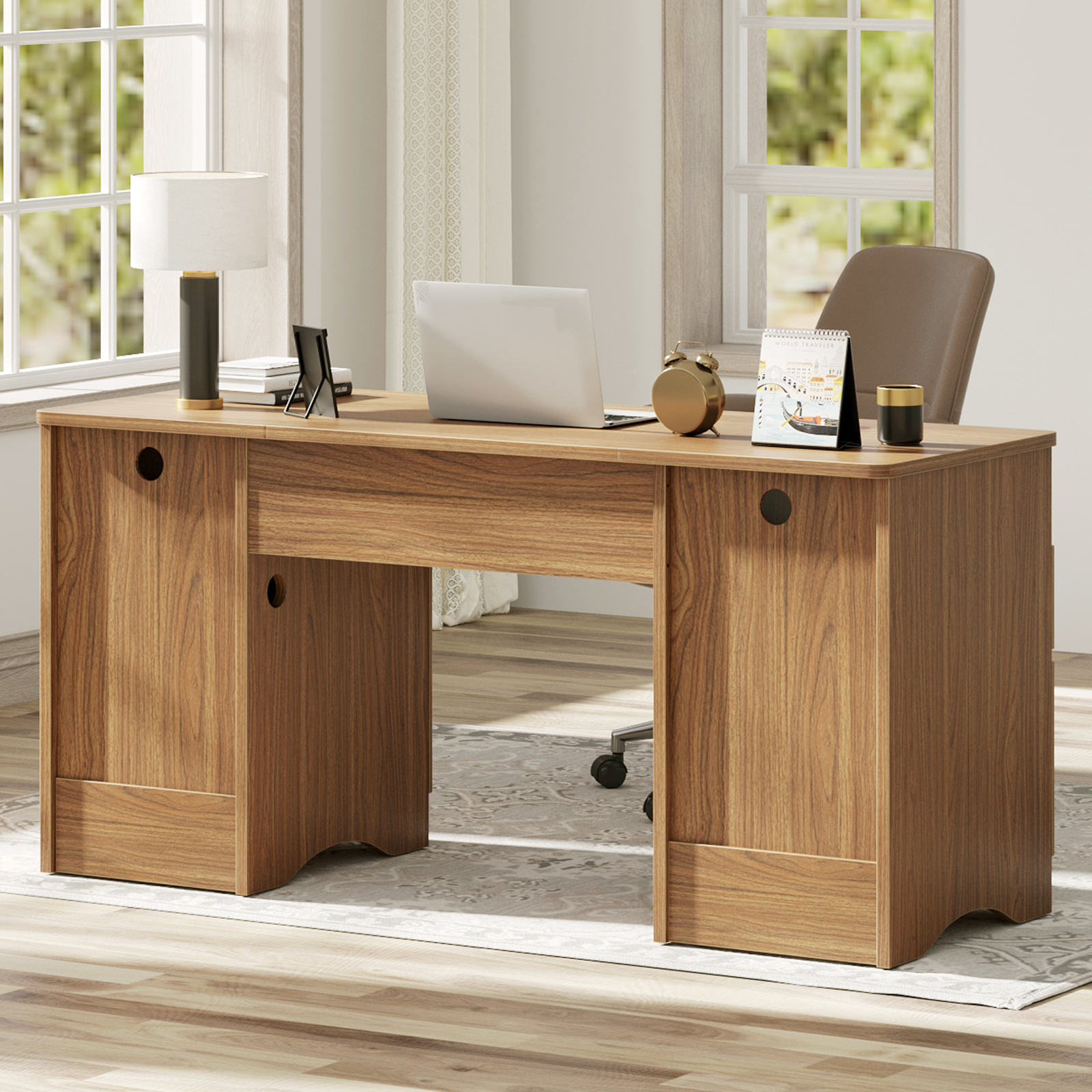 Bestier 59-Inch Modern Executive Desk with Storage, Brown photo 6