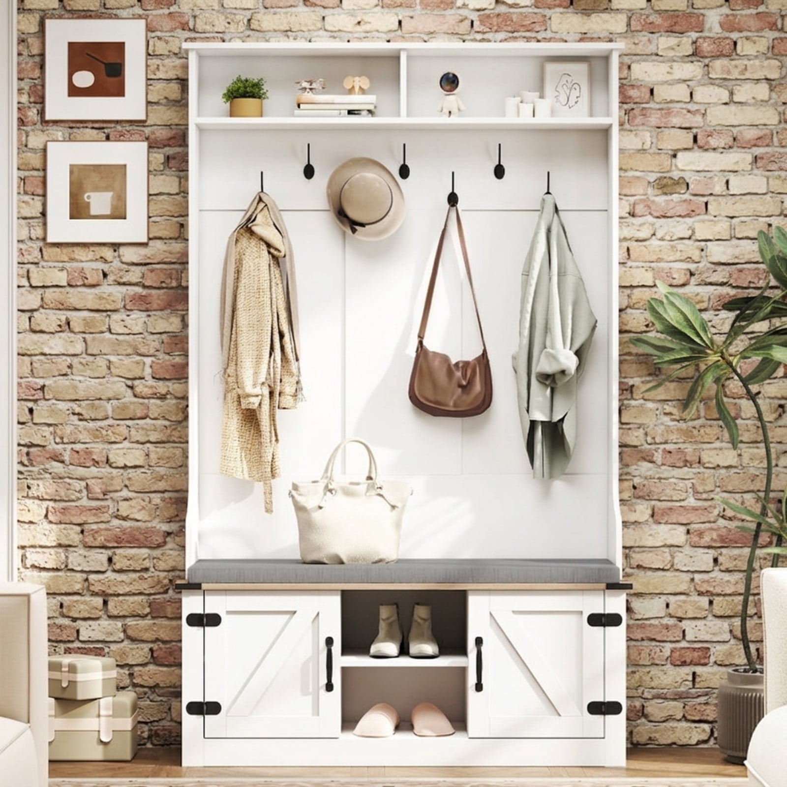 Furnibear 4-in-1 68.5 Inch Freestanding Hall Tree Coat and Hat Rack with 7 Metal Hooks Cushioned Storage Bench and Shoe Cabinet for Entryway, White