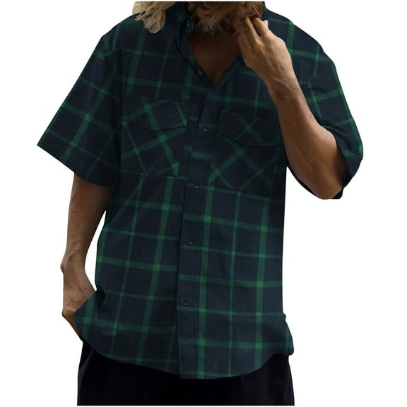 WREESH Men's Oversized Summer Button Down Shirts Fashion Short Sleeve Plaid Top Trendy Style Green