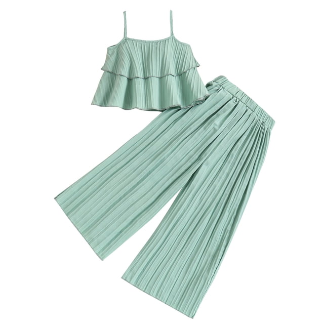 Odeerbi 3-10 Años Niñas Trajes de Verano Volantes Camisola Tops Pantalones de Pierna Ancha Conjunto de Dos Piezas Sin Mangas Volantes Tirantes Top Pantalones Conjunto