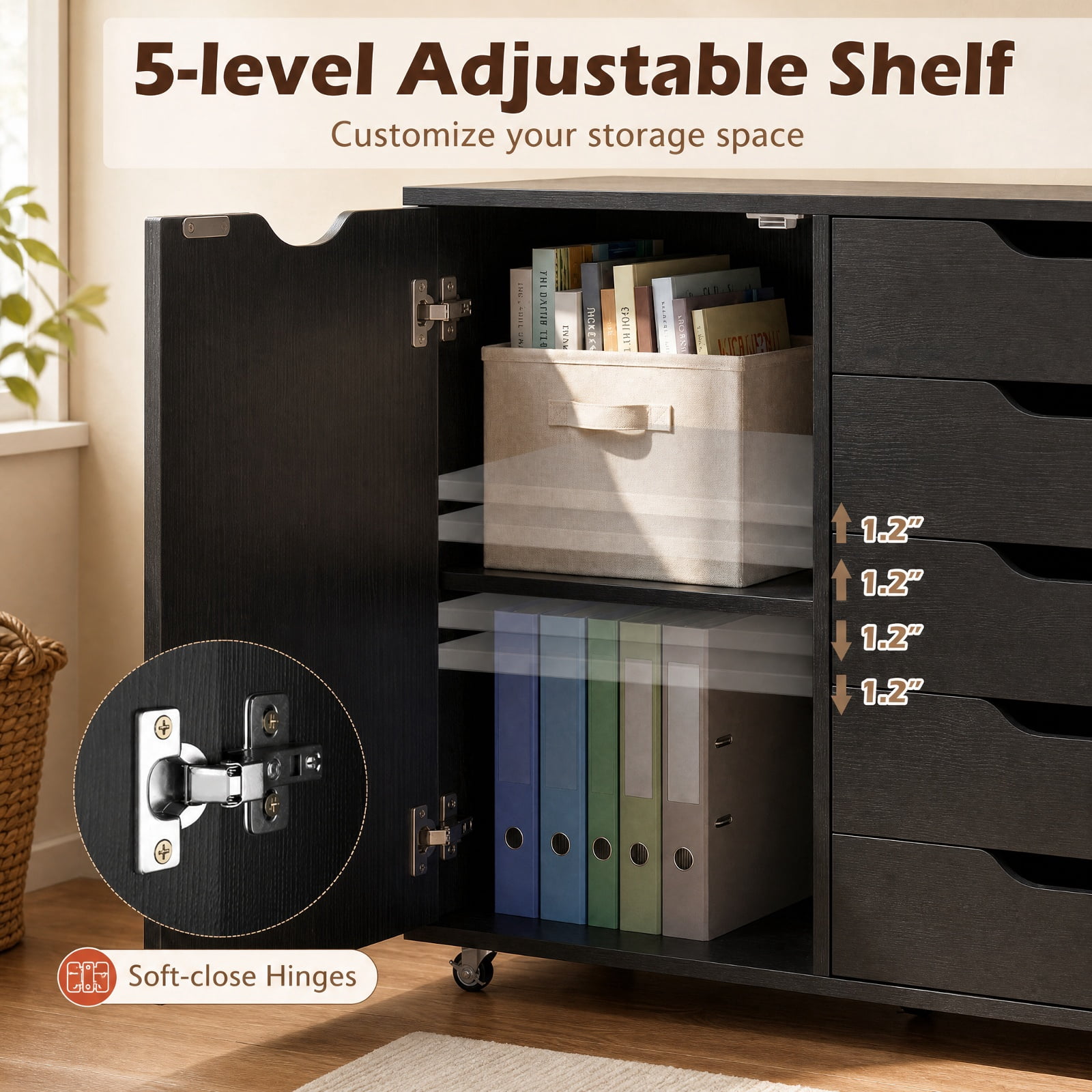 Furnibear 5-Drawer Rolling Storage Cart with Side Cabinet for Home Office Filing Document Letter Legal Storage, Black