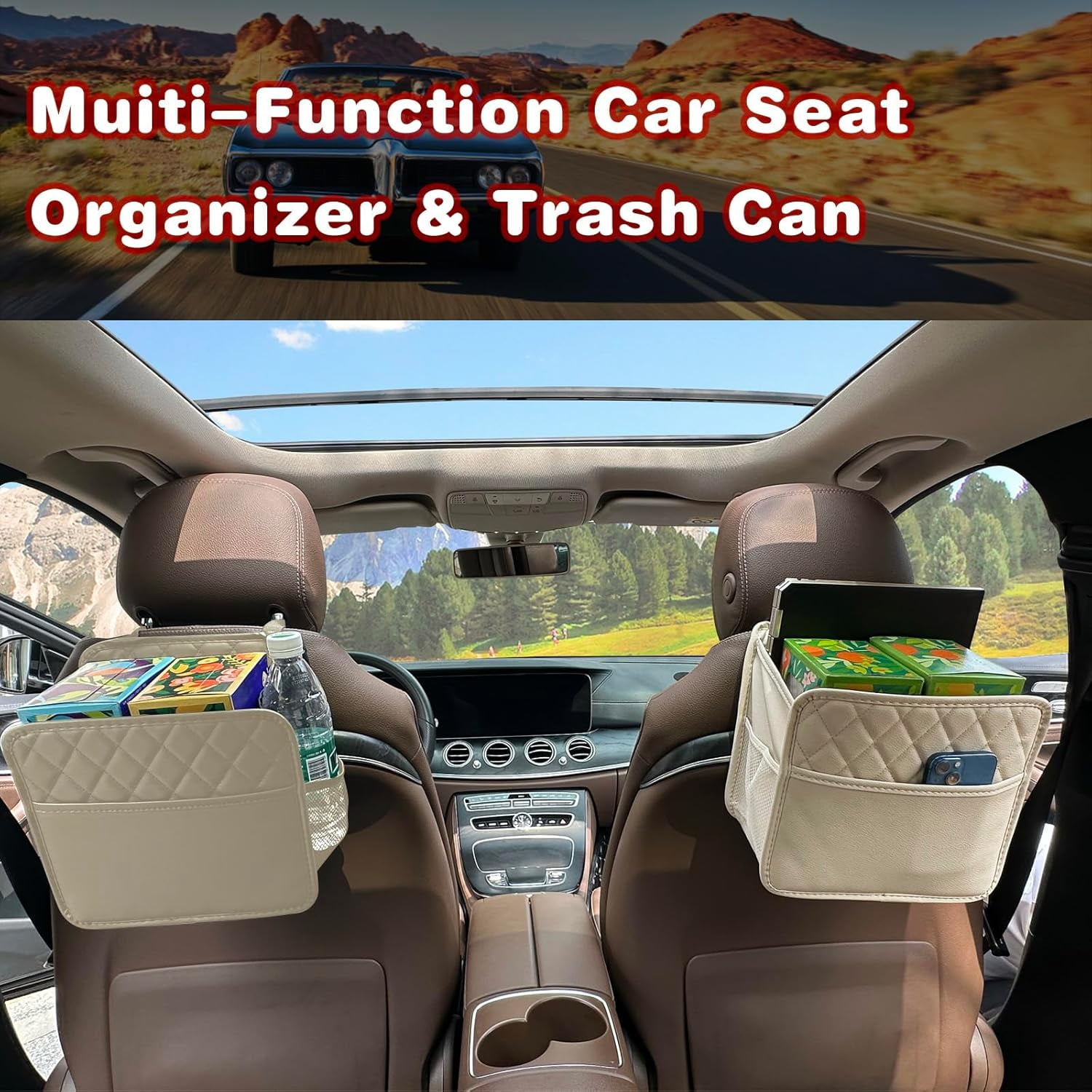 Witaxima Beige Car Trash Bag Hanging, 2.14 Gal Car Trash Can with Storage Pockets, PU Leather Backseat Organizer for Cars, SUVs, Trucks
