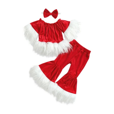 

Bagilaanoe 3Pcs Toddler Baby Girl Christmas Outfits Fluffy Trims Short Sleeve Ruffle Off-Shoulder Pullovers + Long Flared Pants + Headband 6M 9M 12M 18M 24M 3T 4T 5T Kids Cosplay Party Dress UP