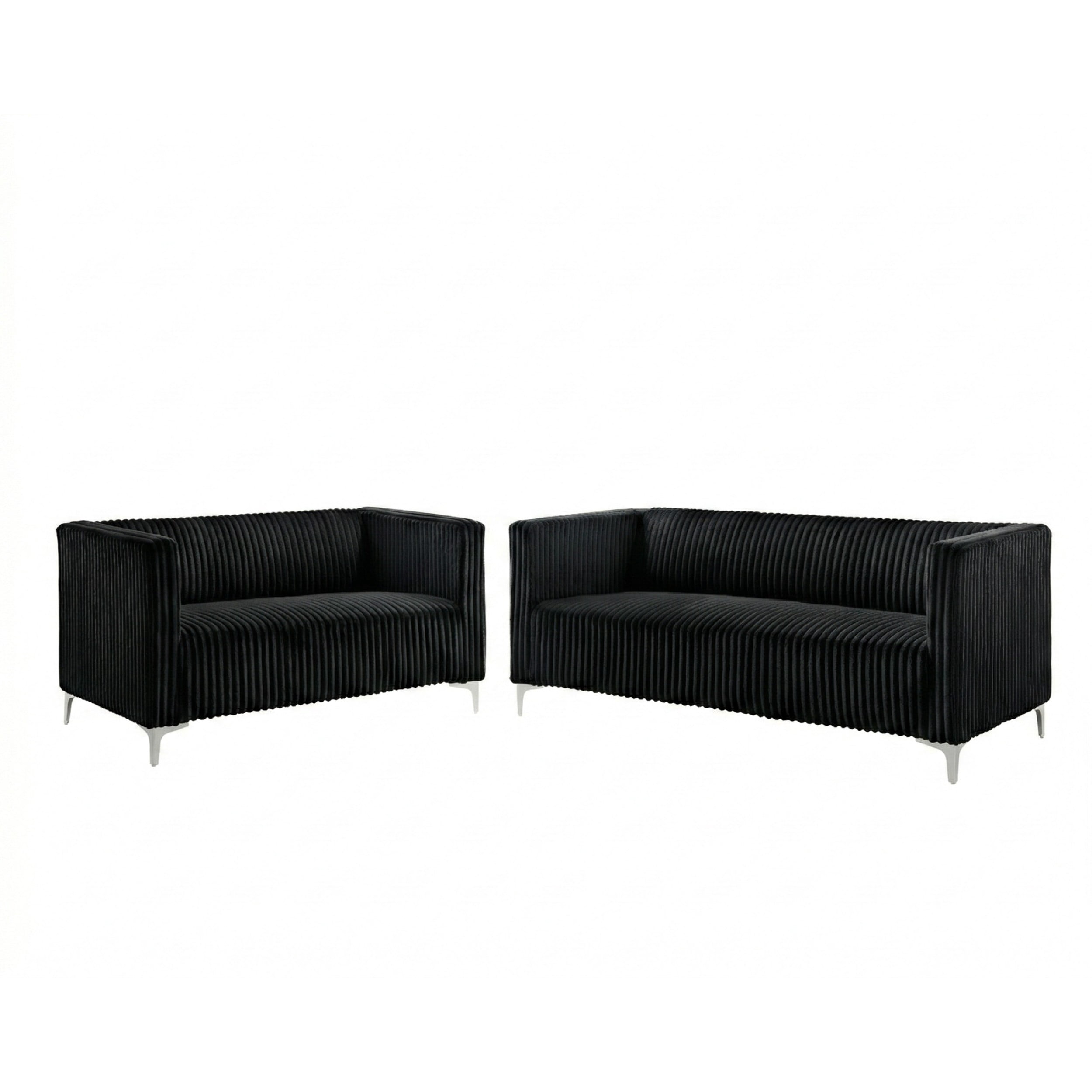 Home Design Gavin 2-Piece Velvet Living Room Set with Loveseat and Sofa, Square Arm Design, Channel Tufted Upholstery, Black