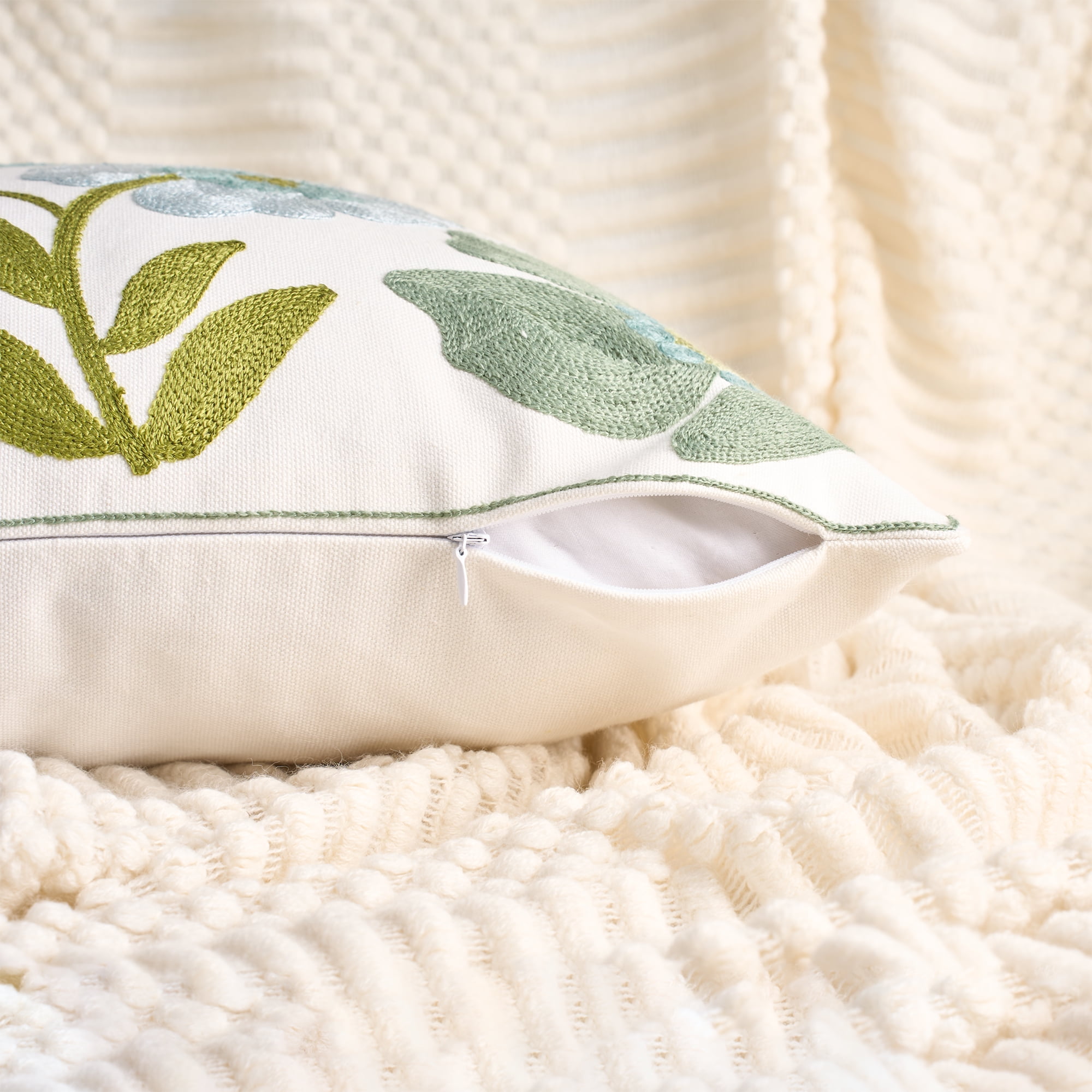 Unique Bargains Set of 2 Floral Embroidery Cotton Canvas Pillow Cover Blue Green