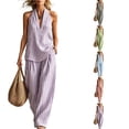 thumbnail image 2 of Women's Summer 2 Piece Pant Set Cotton Striped Halter Vest Top Wide Leg Straight Trousers Casual Vacation Outfits,Purple L, 2 of 7