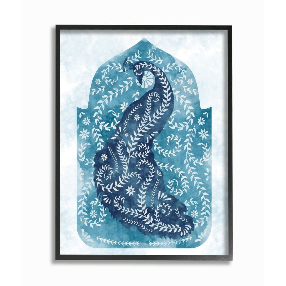 Stupell Industries Arabesque Peacock Jungle Vines Bird White Blue Watercolor White Framed Art Print Wall Art, 11x14, by Ziwei Li