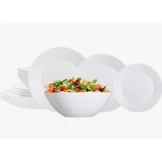 Vajilla Completa Familiar Blanca + Bowl Ensaladera, 19 Piezas para 6 Personas, Vidrio Opal con Diseño Relieve Líneas en Borde, Hecho en Francia