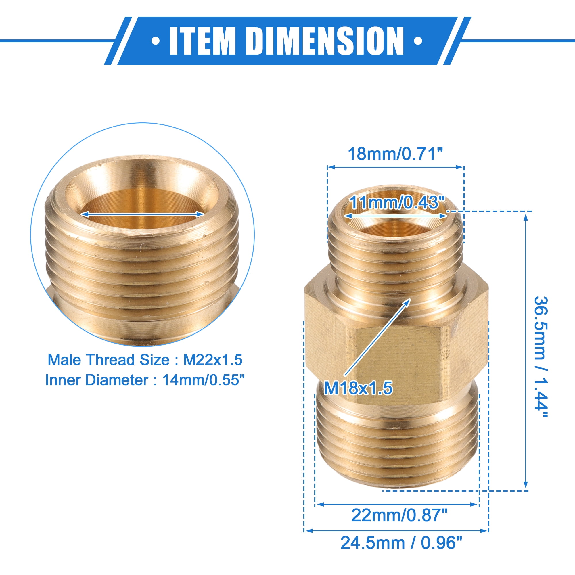 Unique Bargains Pressure Washer Connector M18x1.5 to M22x1.5 Adapter Brass Screw
