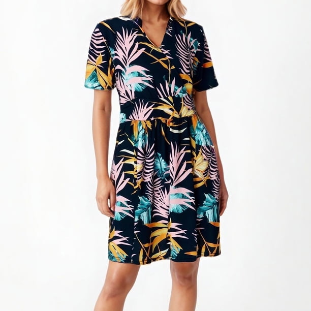 WILLBEST Vestido De Verano Para Mujer, Vestido Informal De Manga Corta Con Cuello En V Y Estampado 3D 617
