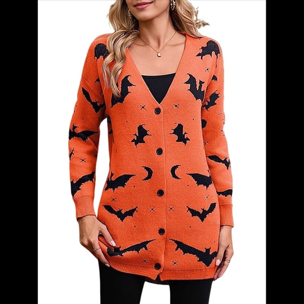 Cárdigan de Punto Holgado Informal de Larga con Botones para Mujer, con Diseño de Murciélago de Halloween. Color Naranja M