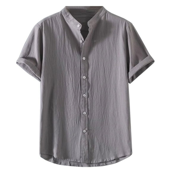 MIXUE Mens Casual Button Down Shirts Solid Color Lapel Summer Stank Short Sleeve Shirt Tops Outwear,Gray,XXL