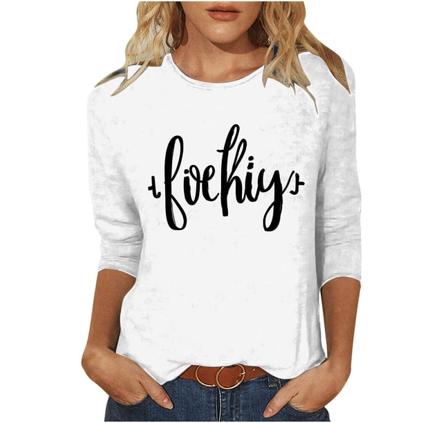 Mujeres Tres Cuartos de Manga Tops Día de la Mujer Impreso Cuello Redondo Blusa Suelta, Suéter de Manga Casual 3/4 para el Uso de Primavera Y Verano