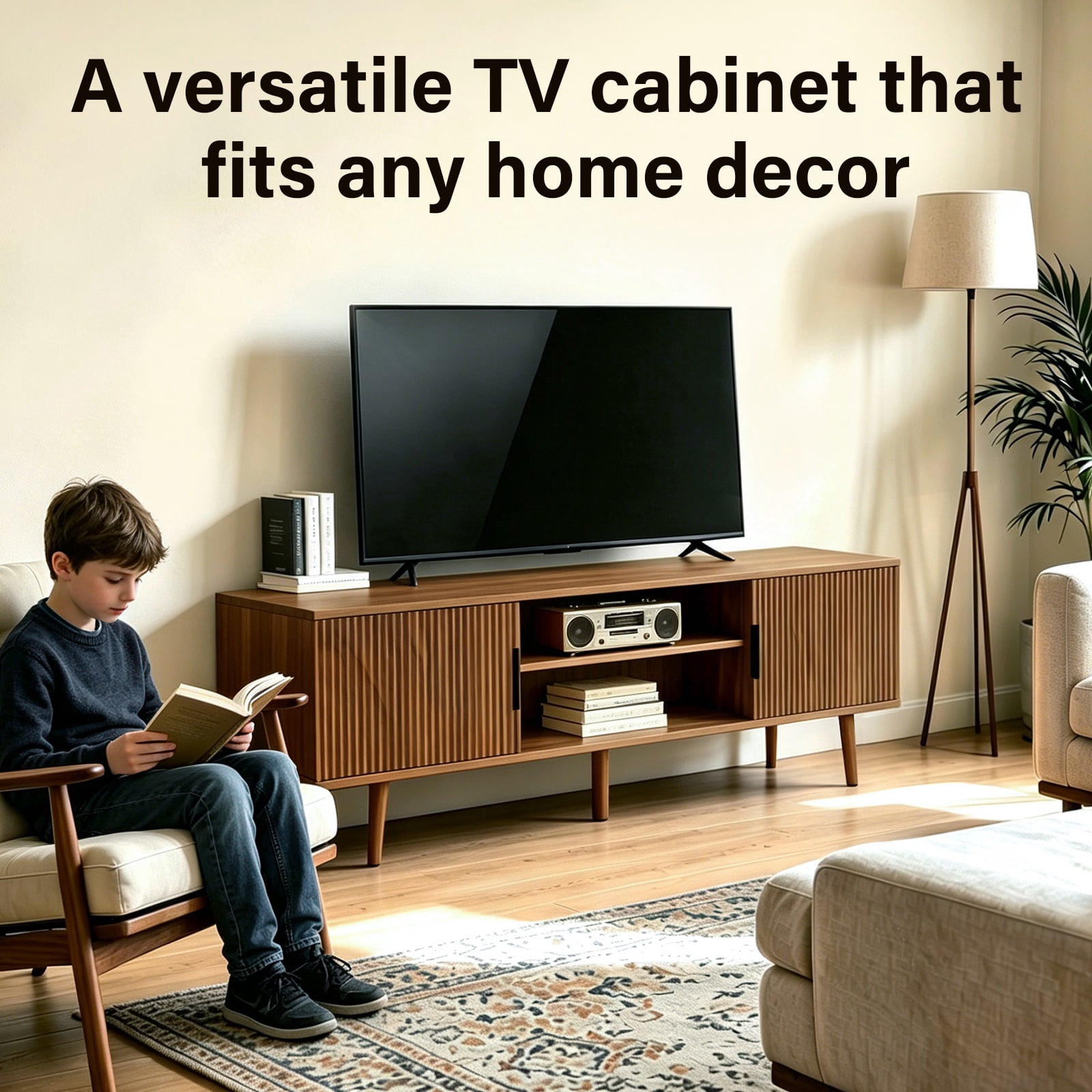 Hommoo 54.3" Mid Century Modern Fluted TV Stands with Open Shelves, TV Console Entertainment Center TV Media Cabinet for Bedroom, Living Room, Walnut
