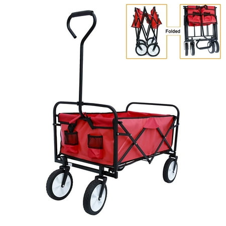Beach Carts for Sand, Collapsible Outdoor Utility Wagon with All-Terrain Wheels, Heavy Duty Beach Wagon with Big Wheels and Drink Holder, Suit for Shopping and Park Picnic, Trip and Camping,