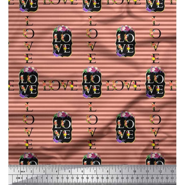 Soimoi Orange polyester Crepe Fabric Stripe & Floral Alphabet Text Decor Fabric Printed Yard 52 Inch Wide