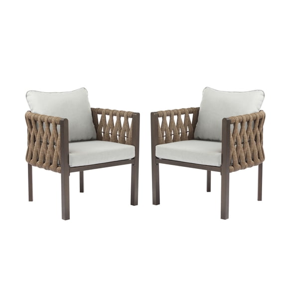 Gearwell Patio Club Chairs, Set of 2 Brown Metal Outdoor Armchairs with Light Grey Cushions, Deep Seating Lounge Chairs for Porch Garden Backyard Balcony