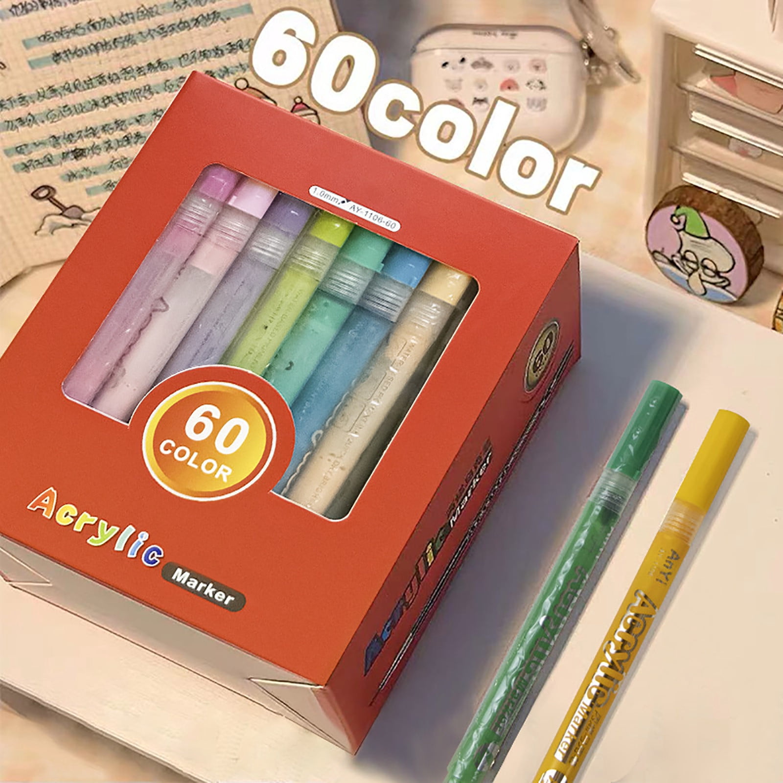 60 Colors Paint Markers Paint Pens Acrylic Paint Pens For Students Chirldrens Artists Adults Coloring Drawing Cartoon Anime Comic Brush Tip For Rock Painting Wood Canvas(60ml)