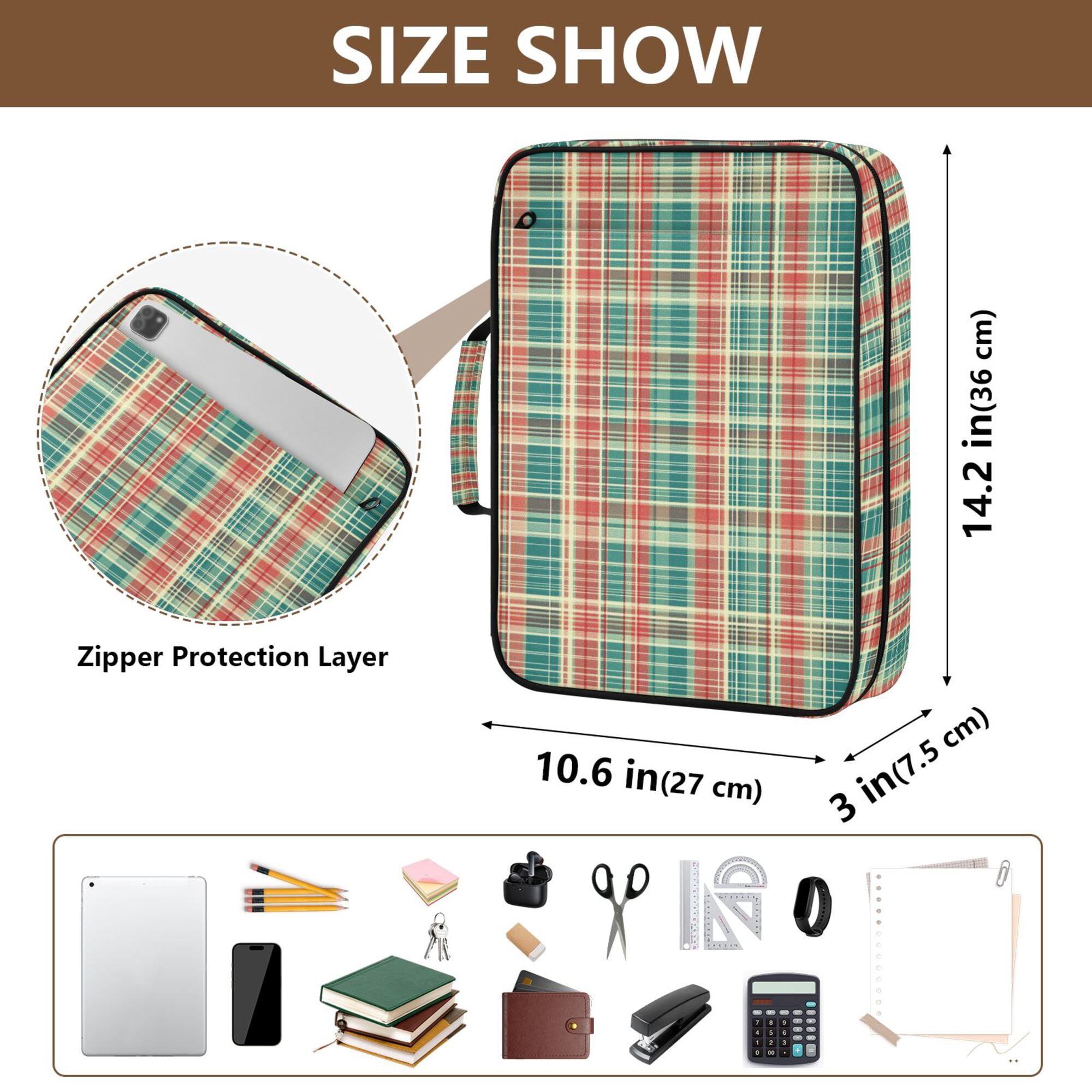 FORMRS Accordion File Folder A4 Size 7-Pocket Expanding Document Organizer Bag with 3 Ring Binder, Red Green Tartan Pattern
