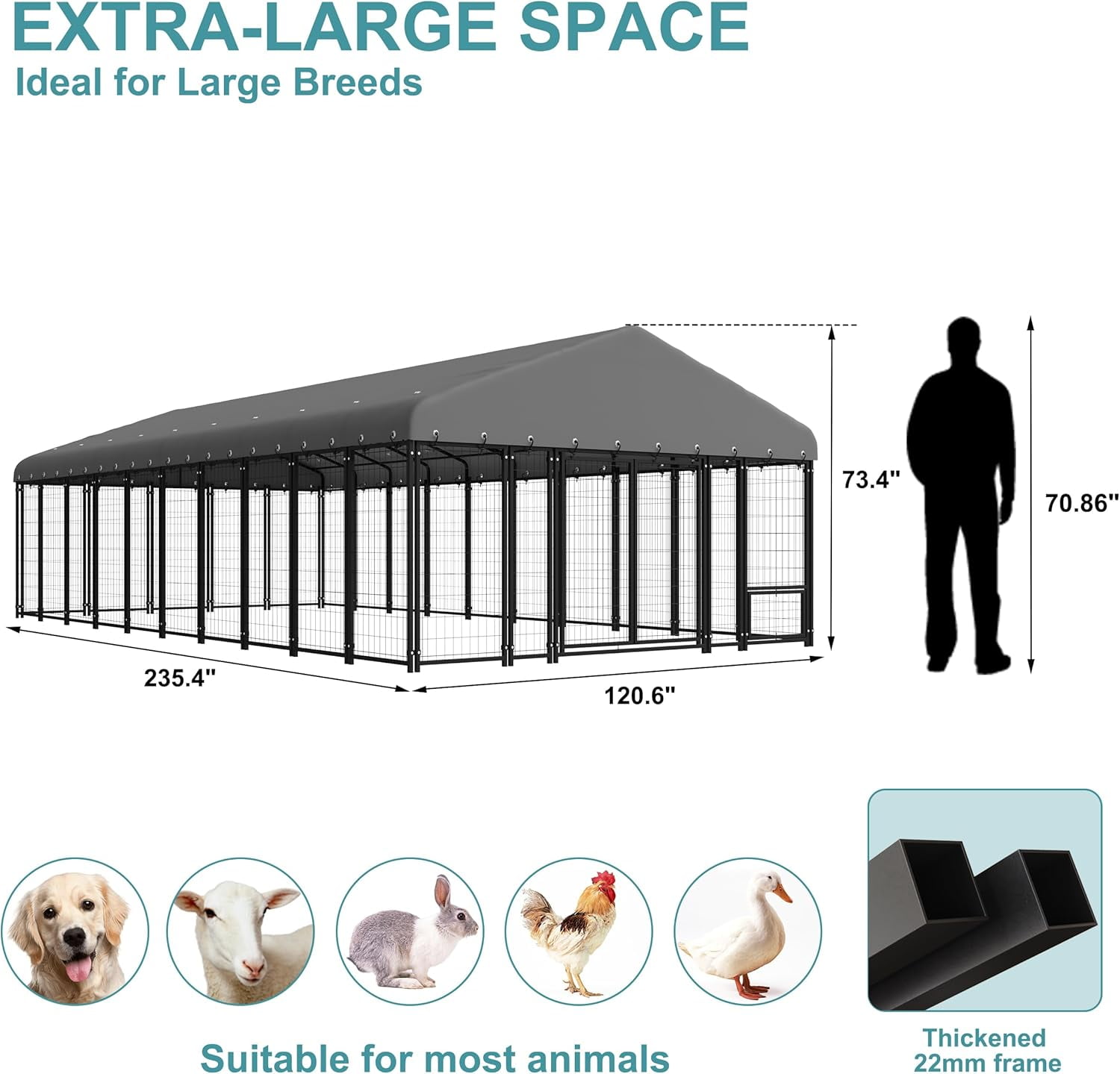 Sweecci 10x20FT Heavy Duty Outdoor Dog Kennel, Double Door Metal Dog Cage with 360° Feeding Door, Waterproof Roof, Secure Playpen for Large Dogs & Small Pets, Easy Assembly