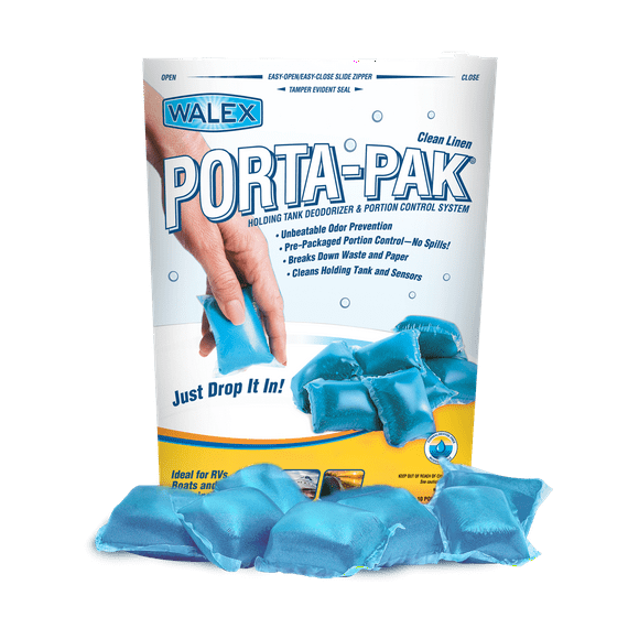 Walex Waste Holding Tank Treatment PPRV10CLEAN Porta-Pak; Without Formaldehyde; With Deodorant; Clean Linen Scent; Lubricates Valves And Cleans Sensor; Treats Up To 50 Gallon Holding Tank