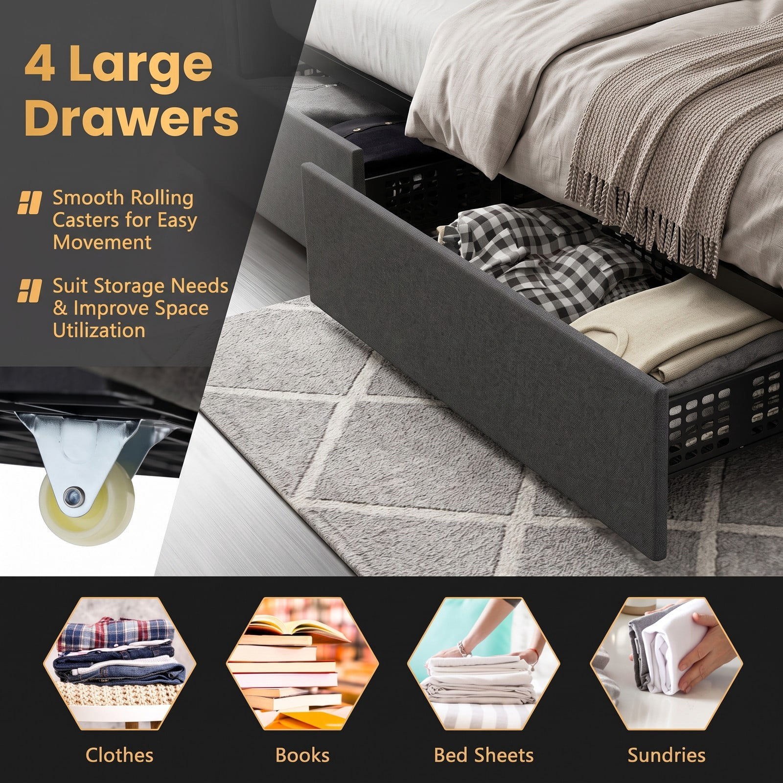 Furnibear Twin Bed Frame, Upholstered Bed Frame with LED Lights and Storage Drawers, Twin Platform Bed with Tufted Headboard for Bedroom, Gray