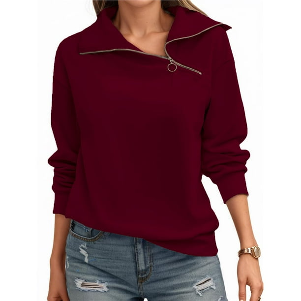 Sudadera con Cremallera para Mujer, Cuello Alto, Larga, Informal, Holgada, Tops Vino Tinto M