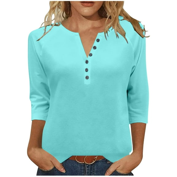 Women's Casual V-Neck Button Down 3/4 Sleeve Raglan T-Shirt Loose Everyday Top