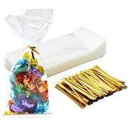 400 Pack Clear Cellophane Treat Cookie Bags Self Adhesive for Packaging with Gold Ties, 4x9 inch