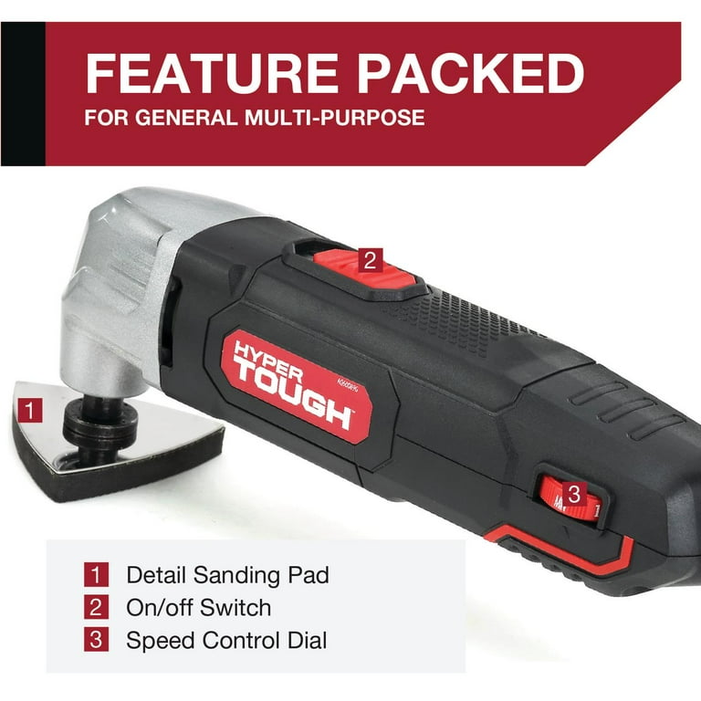 Hyper Tough 2.1 AMP Corded Oscillating Multi-function Tool, Variable Speed, with Hex Key, Sanding Pad, 1-1/4 inch Blade, Scraper Blade & 3 Sanding Sheets (80, 100 & 120 Grit) Hyper Tough 2.1 AMP Corded Oscillating Multi-function Tool, Variable Speed, with Hex Key, Sanding Pad, 1-1/4 inch Blade, Scraper Blade & 3 Sanding Sheets (80, 100 & 120 Grit)