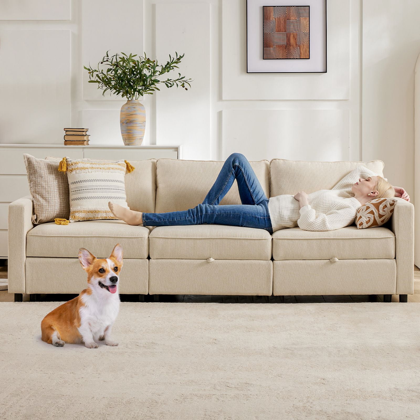 GIANNA 6 Seat Convertible Sectional Sofa Couch, U-Shaped Modern Modular Sofa Sleeper with Ottoman, For Living Room, Beige