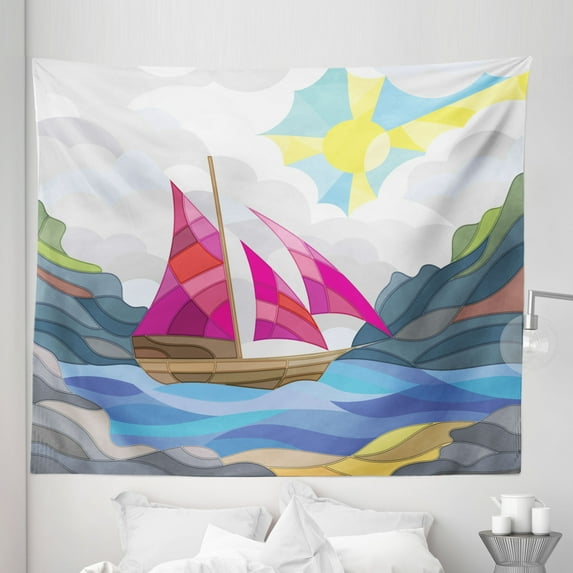 Nautical Tapestry, Sun Sky Clouds Sail Boat on the Sea Vitray Style Fractal Landscape Funky Picture, Fabric Wall Hanging Decor for Bedroom Living Room Dorm, 5 Sizes, Multicolor, by Ambesonne