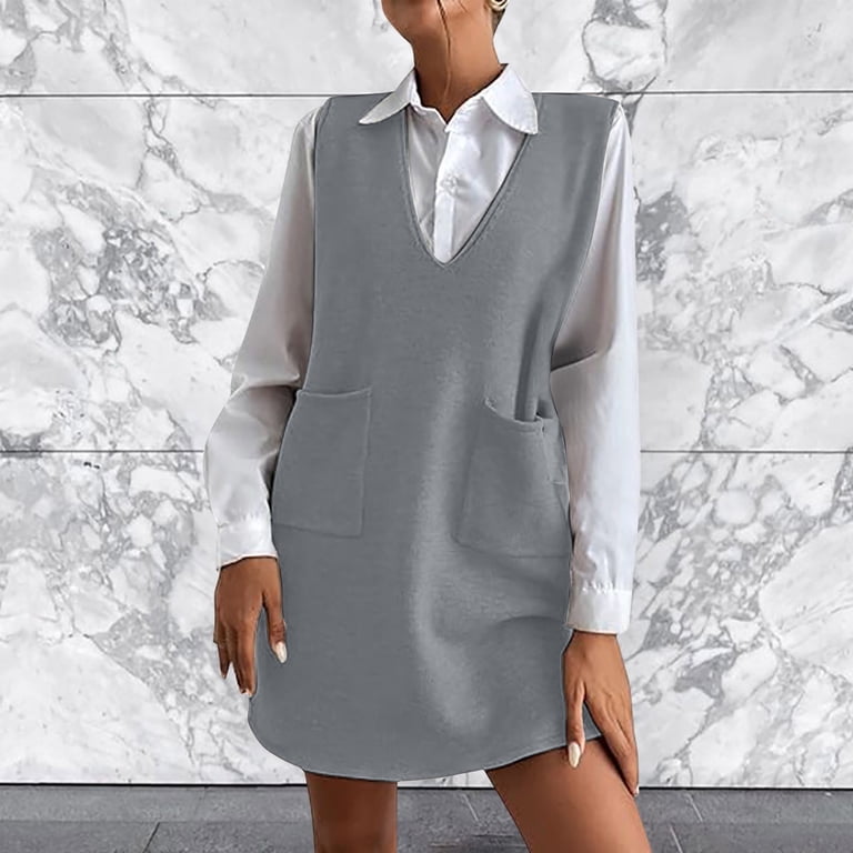 Trendy V-neck Sweater Knit Vest Dress (US Only) Gray / M