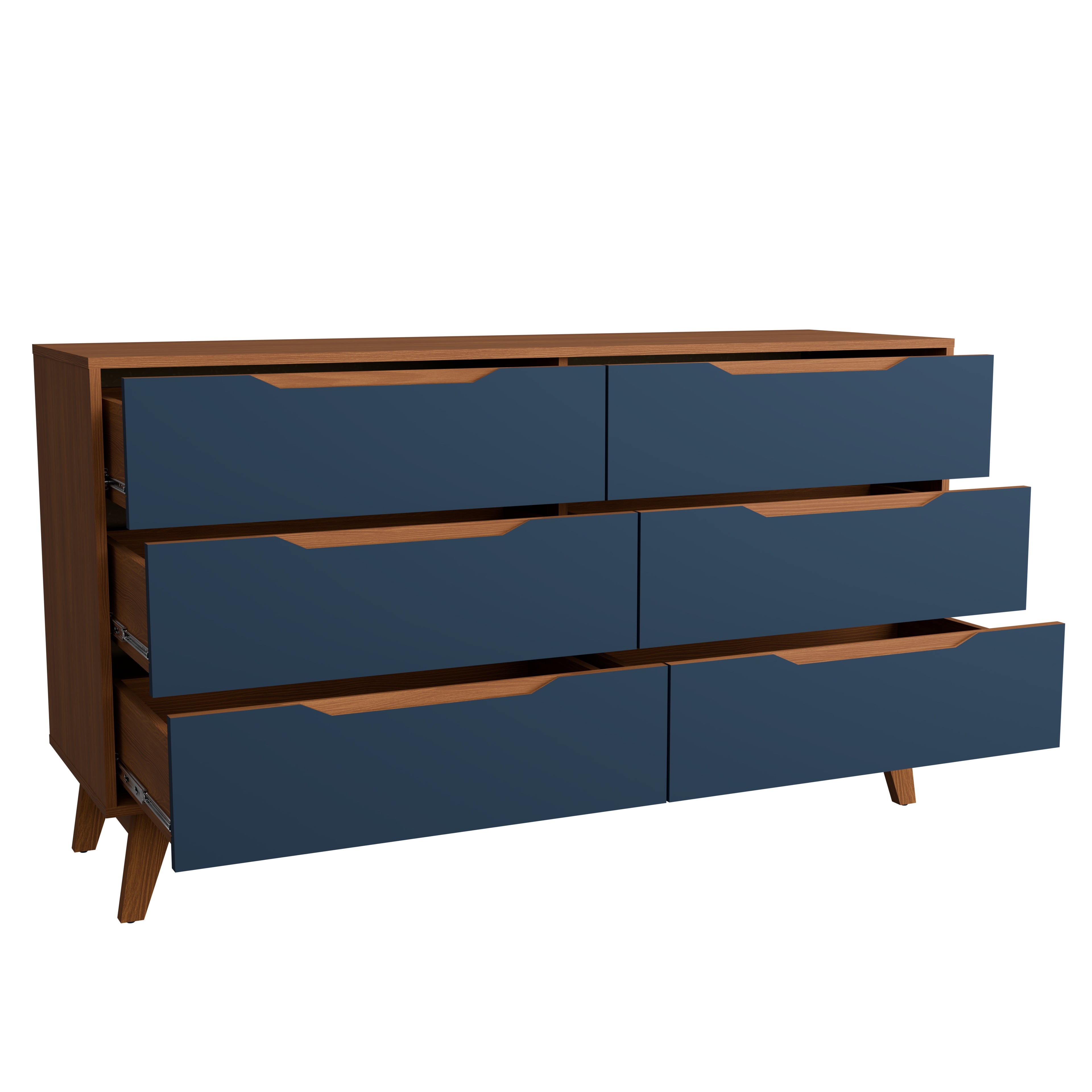 Kappesberg Rio 6-Drawer Dresser with Built-in Handles and Telescopic Slides - Golden Oak/Blue  - for Adults and Teens